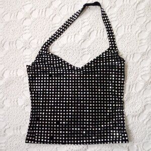 White Fox Halter Tank Crop Top Shirt Black Gem Rhinestone V Neck Small Women S